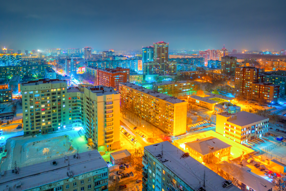 Вид Новосибирска ночью, зимой