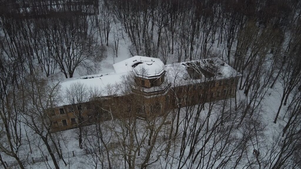 Оранжерея в снегу, вид с дрона