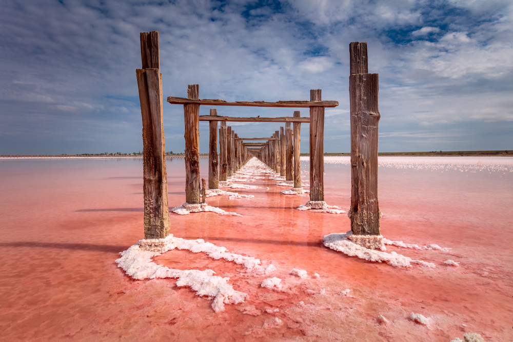 Арка из брёвен на фоне розового озера
