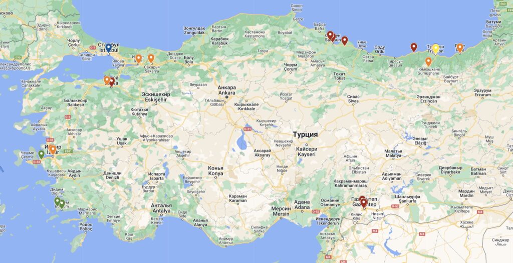 Карта Турции с отмеченными местами, где можно вкусно поесть